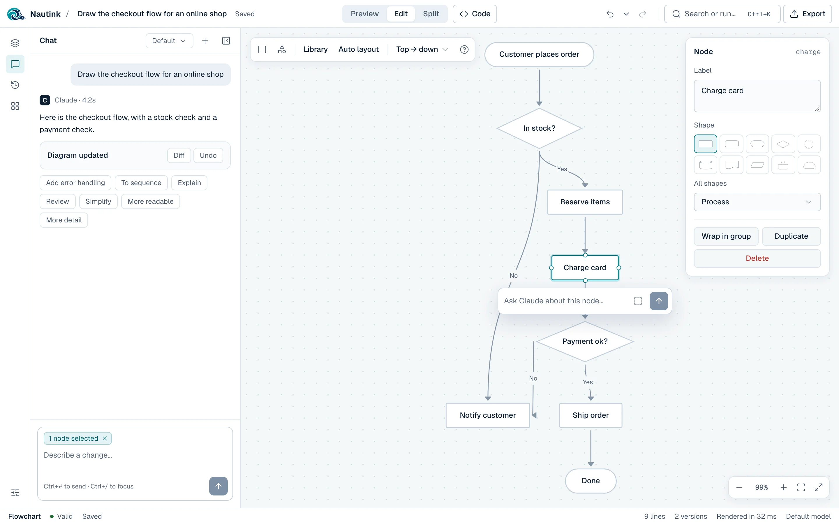 Edit mode: the flowchart editor with a node selected and its inspector open